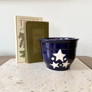 Signed Cobalt Blue Ceramic Studio Pottery Small Planter Pot Three White Stars
